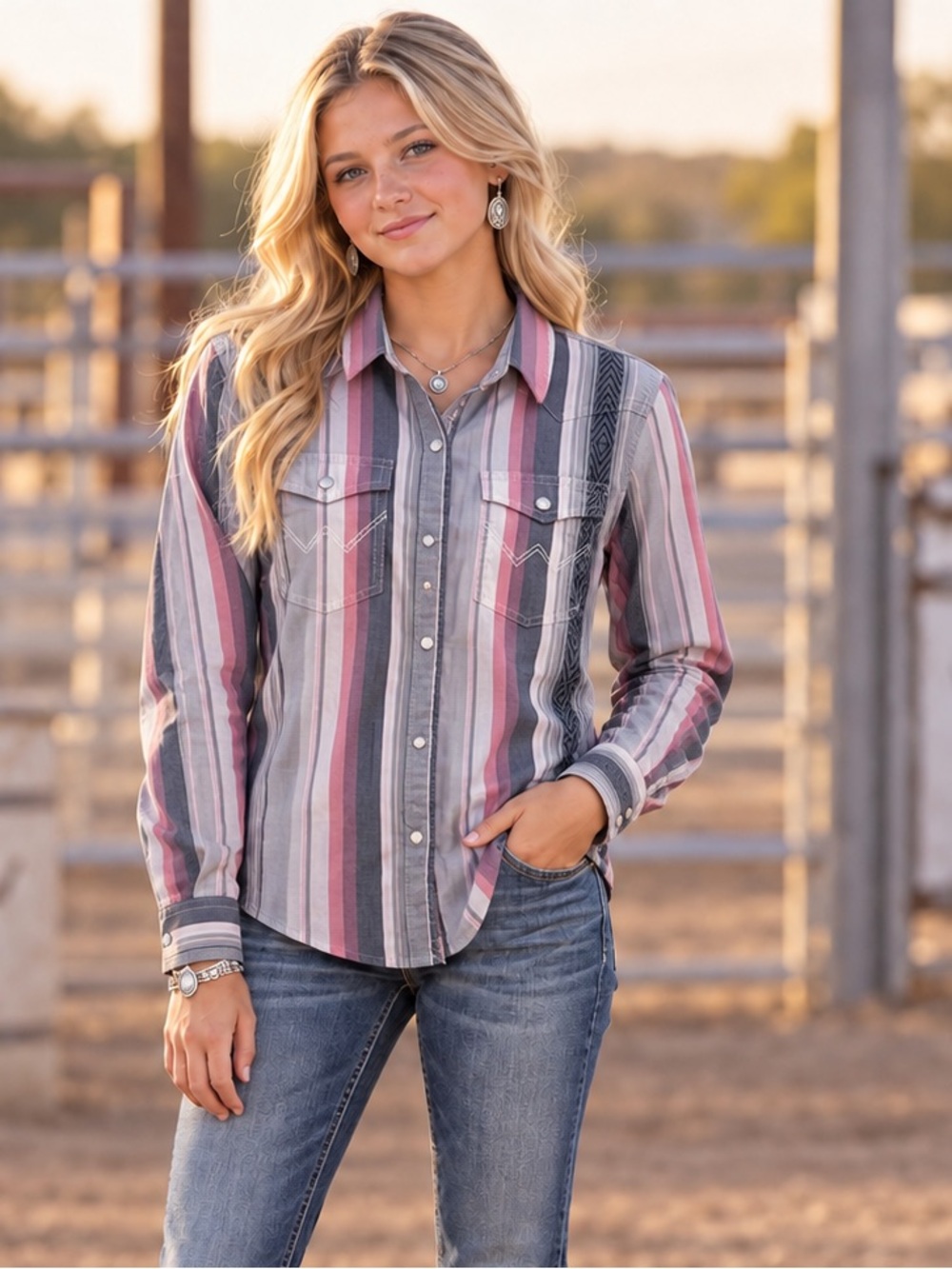 Wrangler Striped Button-Down Shirt in Pink, Gray & White